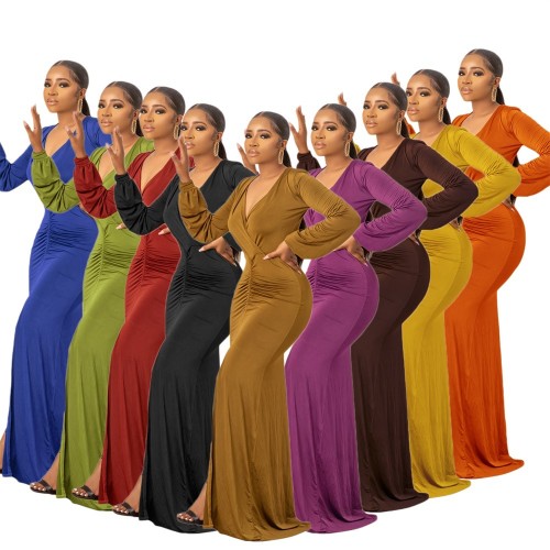 Long sleeved solid color women's dress