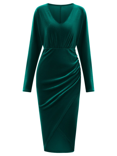 Dress Fashion V-Neck Solid Color Waistband Velvet Dress