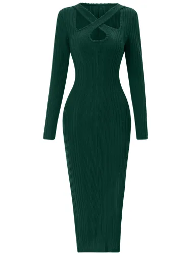Hanging Neck Long Sleeve Split Solid Color Dress