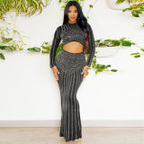 Hot Diamond Wrap Hip Tight Elastic Long Sleeve Fishtail Skirt Set