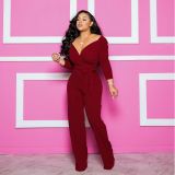 Long sleeved solid V-neck tight jumpsuit