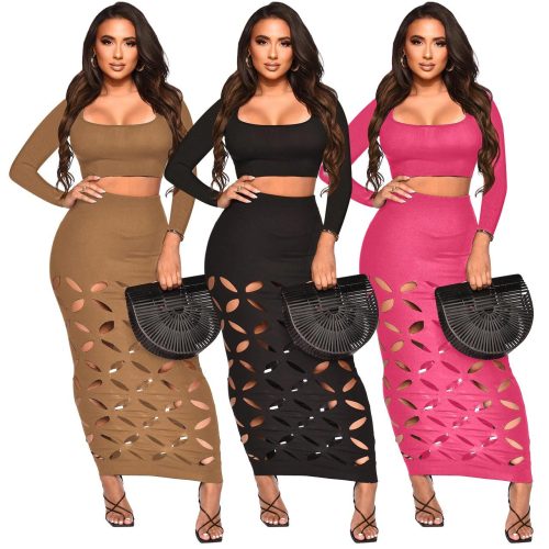 Thread Burnt Square Neck High Waist Slim Fit Hollow Sexy Two Piece Set