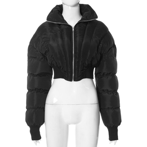 Lapel zipper long sleeved slim fitting navel exposed jacket cotton jacket