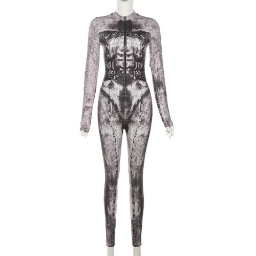 Women's long sleeved digital printed slim fitting high waisted sports jumpsuit