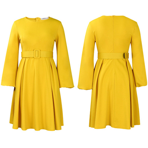 Long sleeved round neck large swing dress