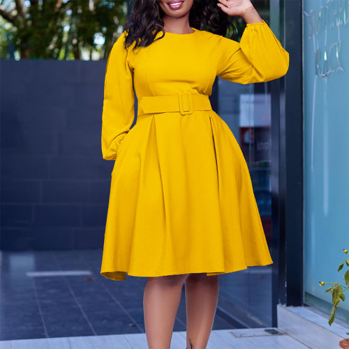 Long sleeved round neck large swing dress