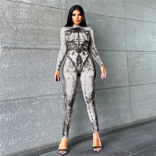 Women's long sleeved digital printed slim fitting high waisted sports jumpsuit