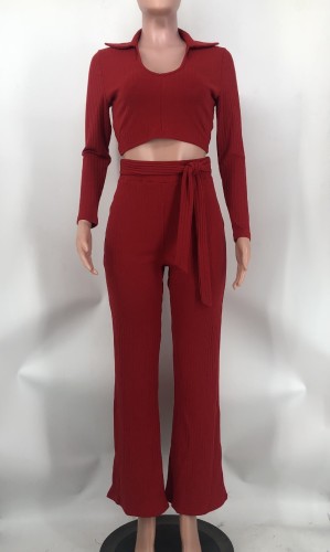 Solid dark V micro flare pants two-piece set