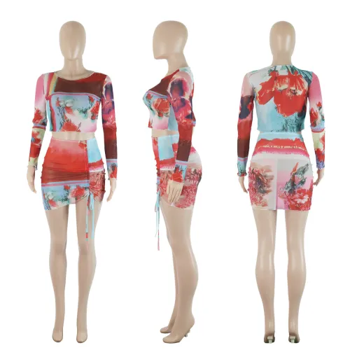 Mesh positioning printed open navel pleated sexy half skirt set