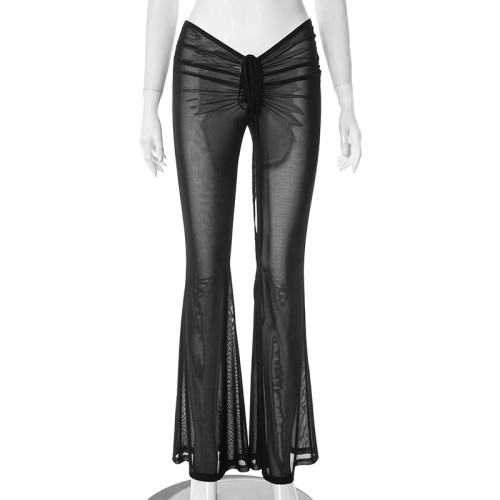 Mesh lace low waisted slightly flared slim fitting perspective pants