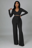 Solid dark V micro flare pants two-piece set