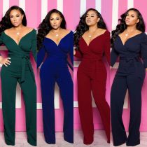 Long sleeved solid V-neck tight jumpsuit