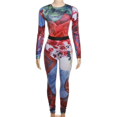 Printed contrasting top with high waisted tight casual pants set
