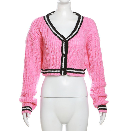 V-neck cardigan contrast exposed navel knitted long sleeved sweater