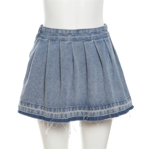Pleated sexy buttocks wrapped denim skirt