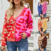 Contrast leopard print V-neck single breasted cardigan sweater