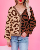 Contrast leopard print V-neck single breasted cardigan sweater