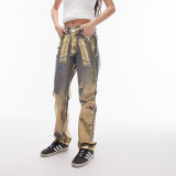 Solid color gilded zippered pocket slimming denim straight leg casual pants