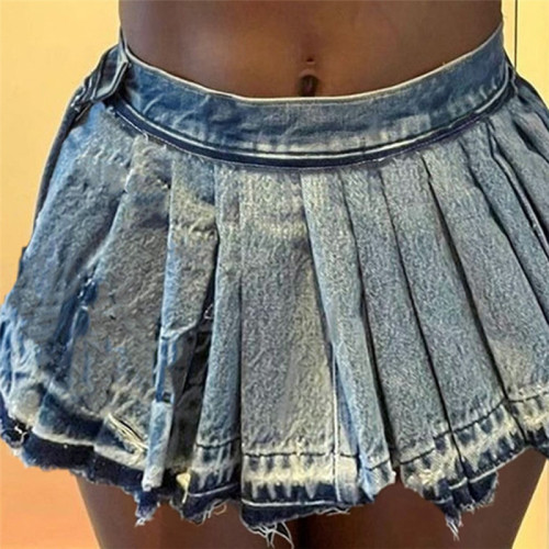 Pleated sexy buttocks wrapped denim skirt