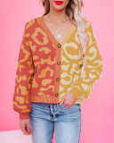 Contrast leopard print V-neck single breasted cardigan sweater