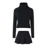 Knitted ruffled high neck long sleeved solid color sweater A-line half skirt set