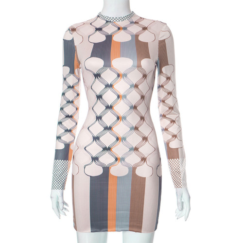 Printed Long Sleeve Round Neck Tight Wrapped Hip Dress