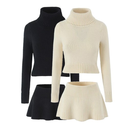 Knitted ruffled high neck long sleeved solid color sweater A-line half skirt set