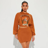 Solid color printed short hooded long sleeved sweater skirt two-piece set