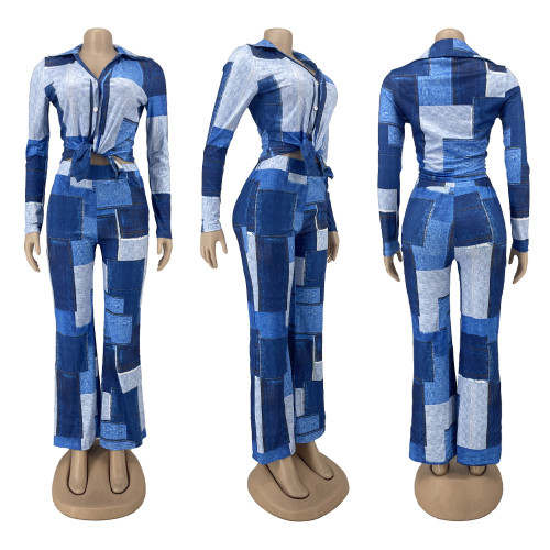 Imitation denim printed commuting casual two-piece set