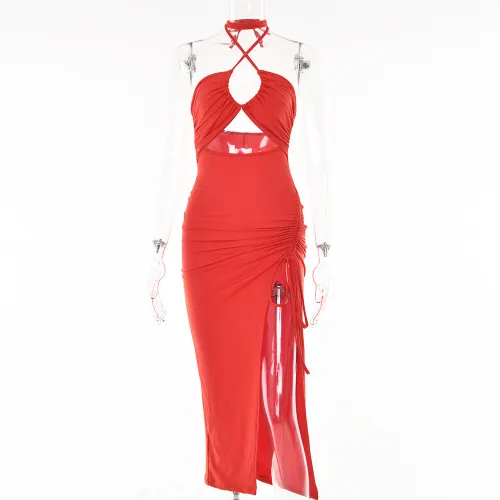 High Split Style Hanging Neck Long Dress with Strap Open Back Dress