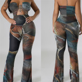 Chest bare back abstract printed high waisted long jumpsuit