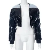 Imitation denim patchwork PU leather long sleeved short cotton coat thick top