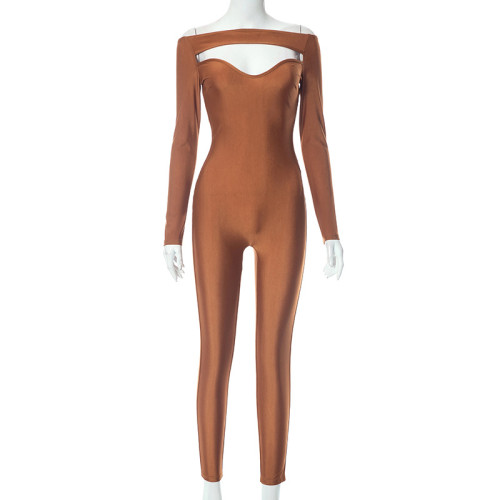 Fashionable hollow out one line neck long sleeved tight jumpsuit pants