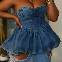 Chest Wrap Stretch Sexy Back Zipper Denim Mini Dress