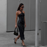 Sexy backless long dress with fashionable temperament, slim fitting hanging neck PU leather dress
