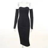 Sexy buttocks wrapped knit off shoulder long sleeved bra dress