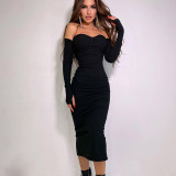 Sexy buttocks wrapped knit off shoulder long sleeved bra dress