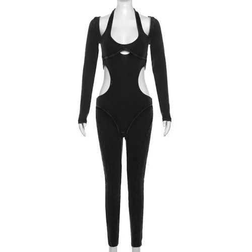Open Back Hanging Neck Low Neck Hollow Long Sleeve Slim Fit One Piece Pants