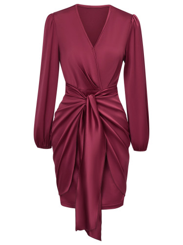 V-neck solid color waist tied long sleeved sexy dress