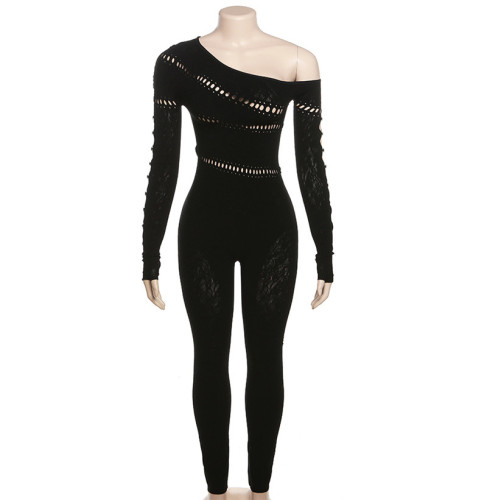 Hollow knit jacquard high waisted tight long sleeved jumpsuit