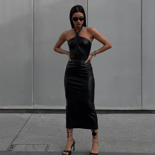 Sexy backless long dress with fashionable temperament, slim fitting hanging neck PU leather dress