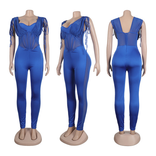 Solid color perspective elastic tight fitting buttocks jumpsuit