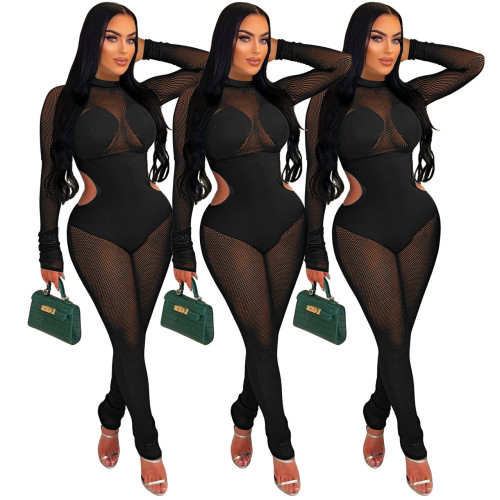 Perspective Mesh Spliced Hollow Out Sexy Nightclub Jumpsuit