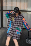 Loose letter printed patchwork plaid shirt