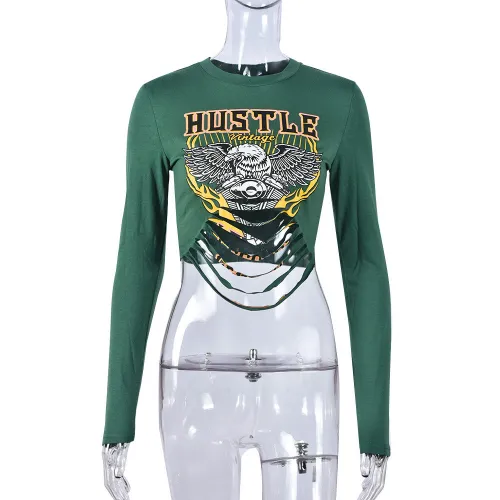 Round neck exposed navel tight long sleeved top T-shirt