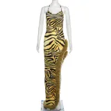 Sexy Lace up Leopard Print Spliced Slim Fit Split Dress