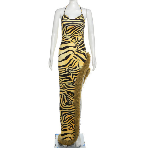 Sexy Lace up Leopard Print Spliced Slim Fit Split Dress