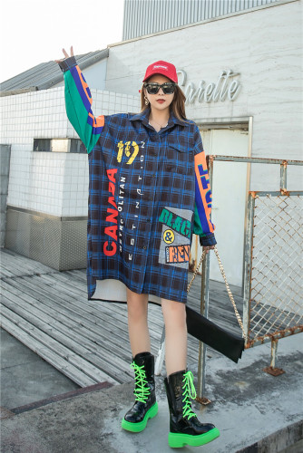Loose letter printed patchwork plaid shirt