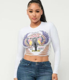 Round neck exposed navel tight long sleeved top T-shirt