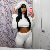Two piece set of plush hooded top and pants